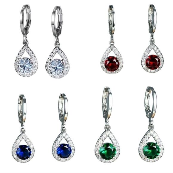 Round White, Red, Blue or Green Sapphire Silver Plated Drop Earrings - Picture 8 of 8